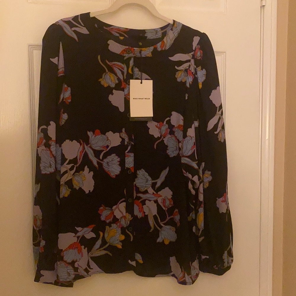 Who What Wear button up blouse black with floral print size XXL NWT
